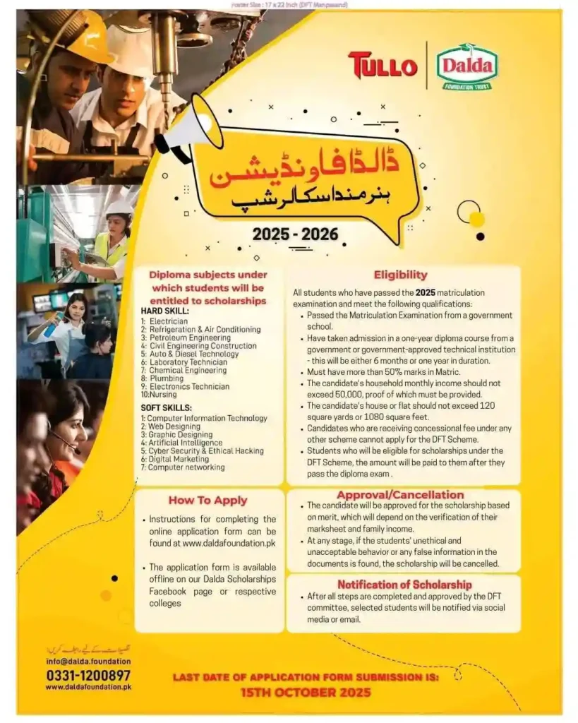 Tullo Dalda Foundation Scholarship 2025–2026 Opens for Matric Students 2 Tullo Dalda Technical Courses Scholarship Pakistan 2025